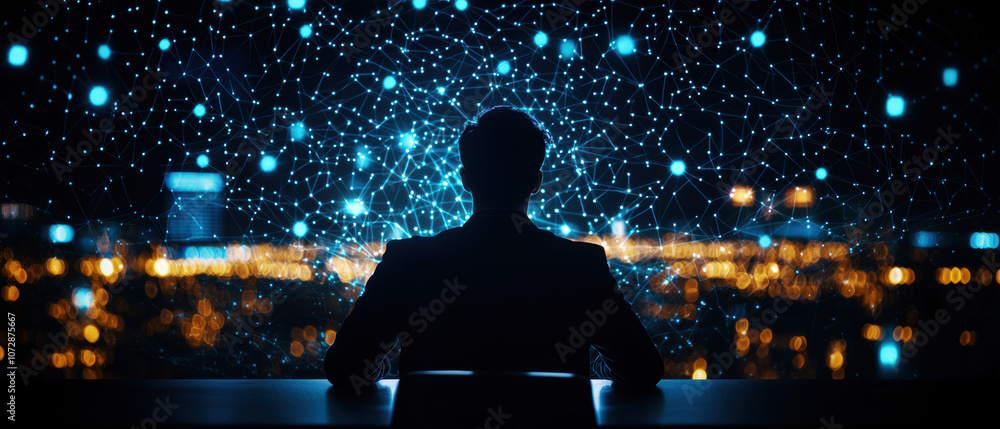 A silhouette sits in front of a dazzling city skyline, illuminated by glowing particles, creating a serene yet captivating atmosphere. A silhouette sits in front of a dazzling city skyline, illuminated by glowing particles, creating a serene yet captivating atmosphere.