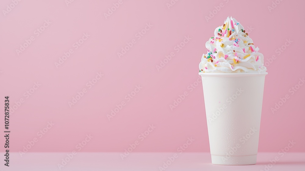 A delicious cup of creamy soft serve topped with colorful sprinkles against a soft pink background. A delicious cup of creamy soft serve topped with colorful sprinkles against a soft pink background.