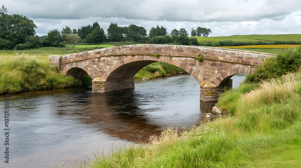 A stone arch bridge spans a river with green fields and trees in the background under a cloudy sky. A stone arch bridge spans a river with green fields and trees in the background under a cloudy sky.