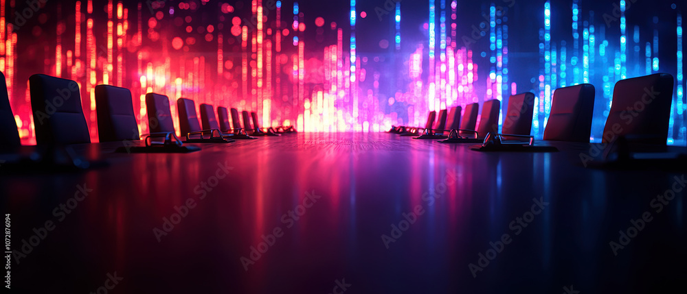 A modern conference room with glowing blue and red lights, creating a visually striking atmosphere for meetings or presentations. A modern conference room with glowing blue and red lights, creating a visually striking atmosphere for meetings or presentations.