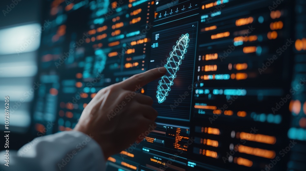 A person interacts with a digital interface showcasing complex data and visualizations, emphasizing technology and information analysis. A person interacts with a digital interface showcasing complex data and visualizations, emphasizing technology and information analysis.