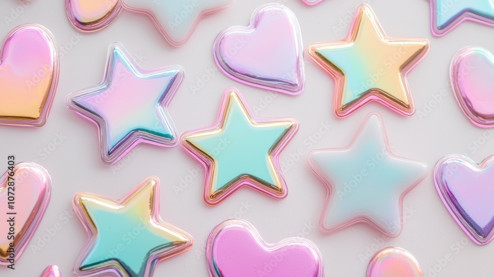 Colorful pastel shapes of hearts and stars arranged playfully on a light background, creating a fun and whimsical aesthetic. Colorful pastel shapes of hearts and stars arranged playfully on a light background, creating a fun and whimsical aesthetic.