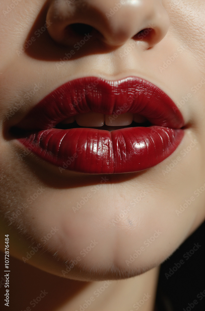Fototapeta premium Close-Up of Glossy Red Lips with Perfectly Defined Contours