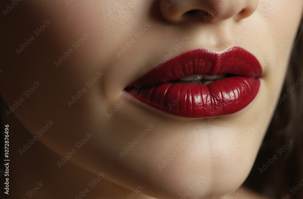 Fototapeta premium Close-Up of Glossy Red Lips with Subtle Details and Soft Lighting