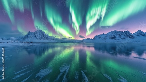 A breathtaking view of the Northern Lights illuminating a snowy landscape and calm water.