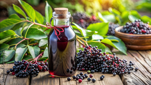 Dark elderberry syrup in a glass bottle, a natural and health-focused close-up with fresh elderberries and leaves