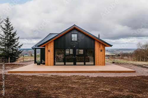 Modern wooden cabin in a scenic location with expansive views on an overcast day