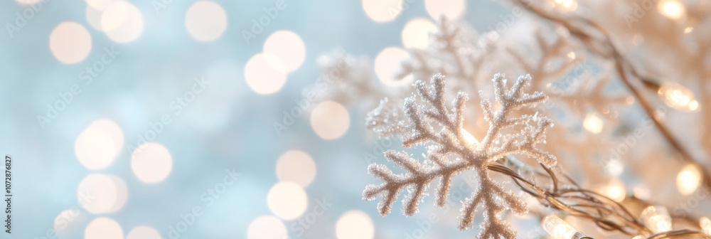 Naklejka premium Delicate snowflakes glisten against backdrop of soft, glowing lights, creating serene winter atmosphere. This enchanting scene captures essence of holiday season