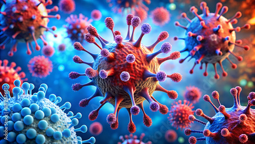 Immune cells defending against a virus, vibrant blue and red, a dynamic illustration of scientific protection photo