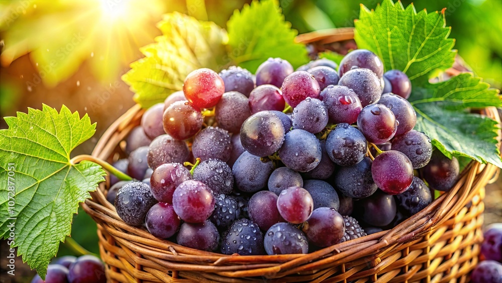 A Basket Overflowing with Dew-Kissed Grapes, Their Deep Purple Hues Shimmering in the Warm Sunlight, a Testament to the Bounty of Nature's Harvest. A Basket Overflowing with Dew-Kissed Grapes, Their Deep Purple Hues Shimmering in the Warm Sunlight, a Testament to the Bounty of Nature's Harvest.