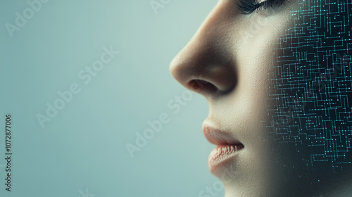 image features close up profile of womans face, with digital circuit pattern overlaying part of her skin, symbolizing fusion of technology and humanity