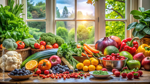 Colorful fruits and vegetables on a kitchen counter, a vibrant display of health and vitality in natural light