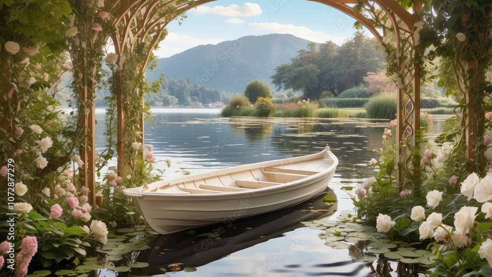 A little wooden boat stands on a calm pond, surrounded by beautiful flora and viewed through an elaborate white trellis. A little wooden boat stands on a calm pond, surrounded by beautiful flora and viewed through an elaborate white trellis.
