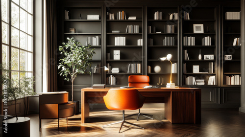 A modern office interior featuring stylish wooden desk, an orange chair, and large bookshelf filled with books. warm lighting creates cozy atmosphere, perfect for productivity