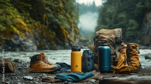 Hiking gear laid out on a riverbank with a mountain backdrop.