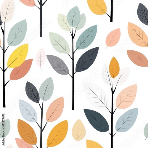 Illustrative pattern of colorful leaves and branches designed in a modern flat style for creative projects, textiles, wallpapers, and digital backgrounds.