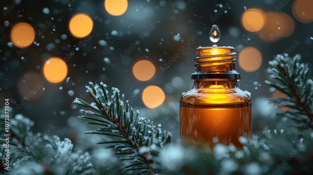 Essential Oil Bottle on Snowy Pine Branch Essential Oil Bottle on Snowy Pine Branch
