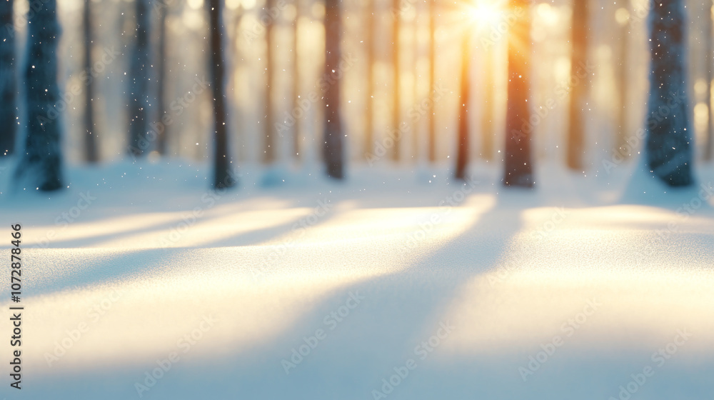 Naklejka premium A serene winter landscape features soft snow blanketing ground, with sunlight filtering through tall trees, creating magical atmosphere. gentle snowfall adds to tranquil scene