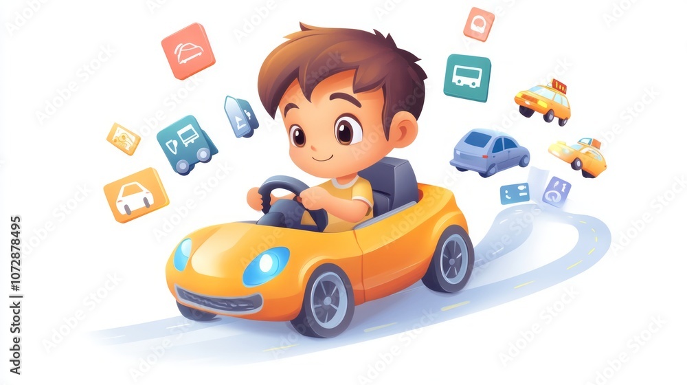 Fototapeta premium A chibi city driving tester sitting in a car simulator, with a steering wheel in hand and traffic icons floating around. The tester looks focused and ready. White background, no text