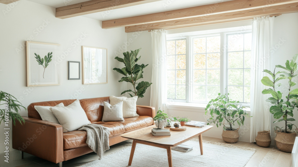 A cozy living room featuring leather sofa, large windows, and various indoor plants creates serene atmosphere. natural light enhances warm tones and inviting decor A cozy living room featuring leather sofa, large windows, and various indoor plants creates serene atmosphere. natural light enhances warm tones and inviting decor