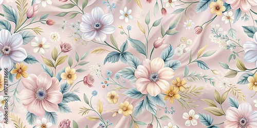 A seamless pattern of delicate pastel flowers on a blush background, showcasing an ethereal and romantic ambiance.