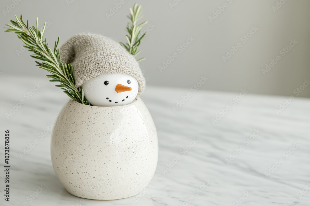 Obraz premium A charming snowman figurine with cozy hat and sprigs of rosemary peeking out from decorative vase, perfect for winter decor. This delightful piece adds festive touch to any space