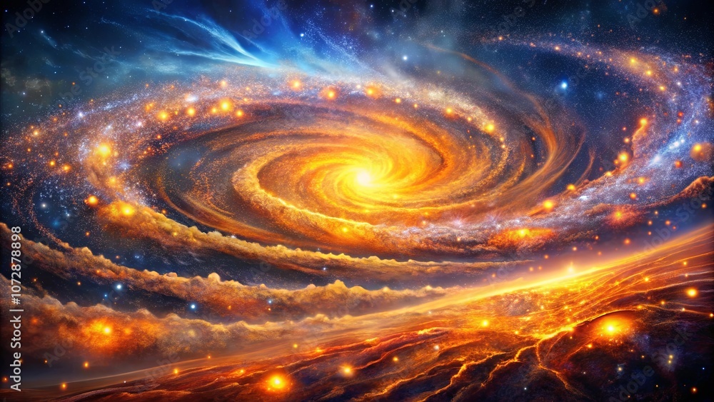 Obraz premium A celestial symphony of swirling stardust and celestial bodies ignited with fiery brilliance, captivating the cosmos with its ethereal beauty.