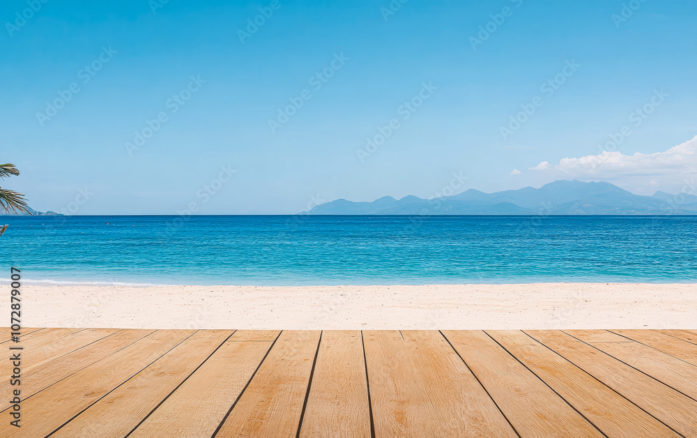 Fototapeta premium Bright tropical beach with clear blue water and wooden deck during a sunny day