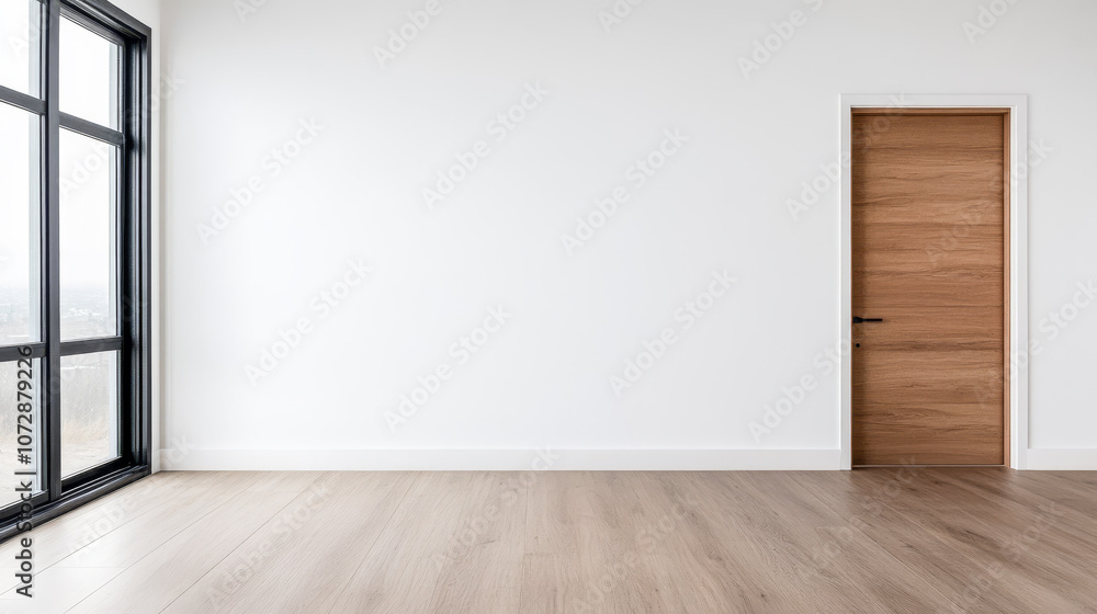 Modern empty room with large windows and wooden door showcases minimalistic design Modern empty room with large windows and wooden door showcases minimalistic design