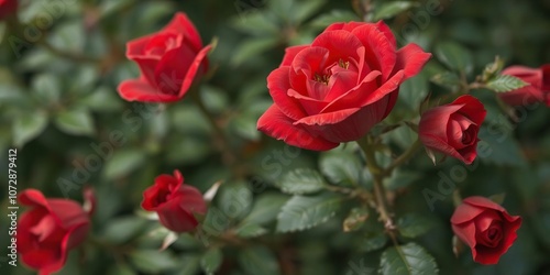 Natural fresh red rose flower background with vibrant petals, soft focus, and delicate leaves, vibrant, soft focus