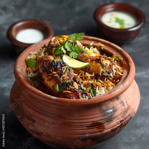 Chicken Biryani in clay pot on a dark background. photo