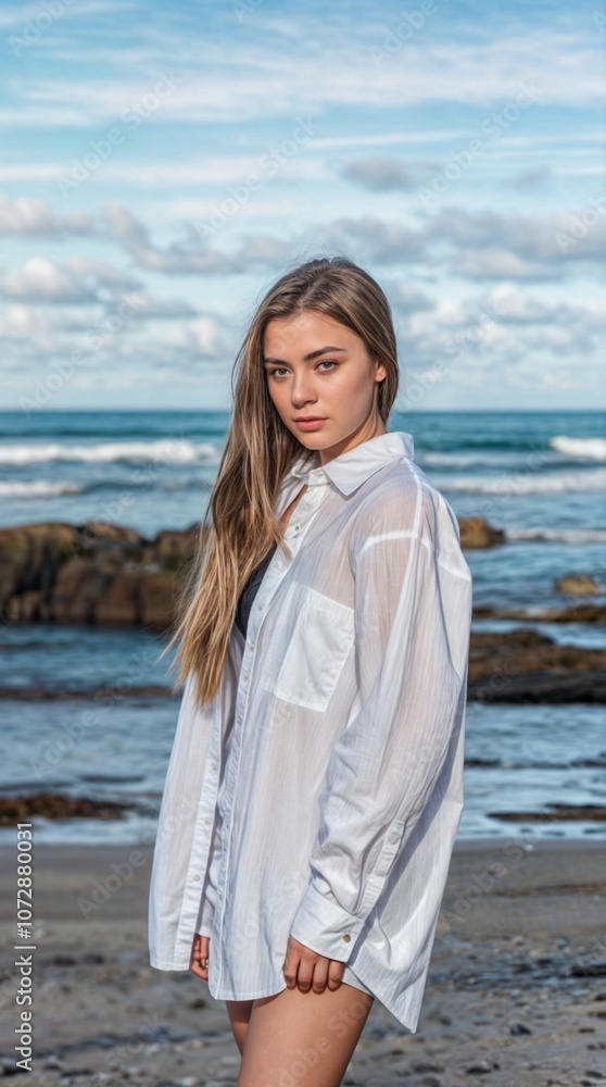 A 20-year-old beautiful girl with long brown hair is standing on a beach, wearing a white shirt and shorts. A 20-year-old beautiful girl with long brown hair is standing on a beach, wearing a white shirt and shorts.