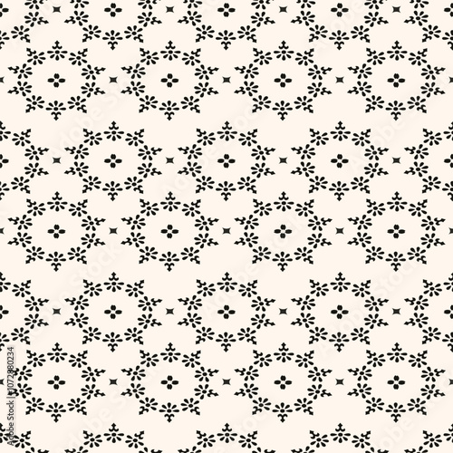Simple minimalist floral pattern. Minimal seamless texture with small flower shapes. Abstract black and white geometric background. For print, package