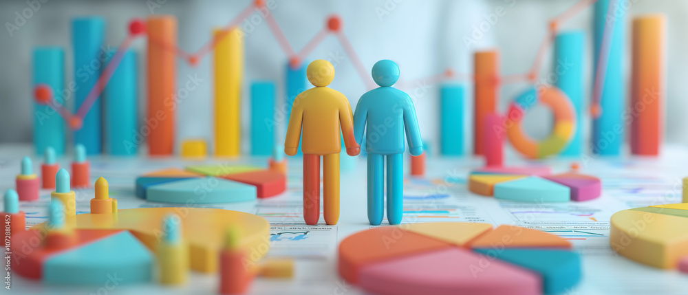 Colorful Figures Stand on Data Charts and Graphs Colorful Figures Stand on Data Charts and Graphs