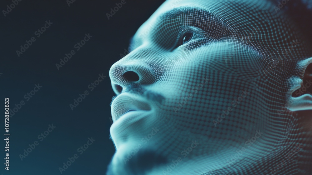 image features close up of male face represented with digital mesh overlay, creating futuristic and abstract appearance. intricate details evoke sense of technology and innovation image features close up of male face represented with digital mesh overlay, creating futuristic and abstract appearance. intricate details evoke sense of technology and innovation
