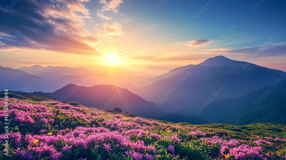 Fototapeta premium A stunning sunrise over a field of pink wildflowers in the mountains.