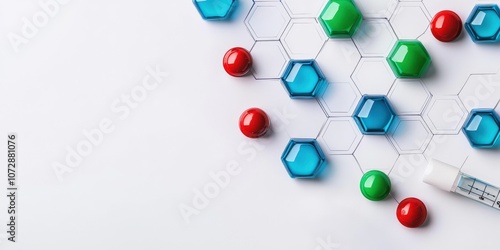 A colorful depiction of molecular structures with hexagonal shapes, representing chemistry and scientific research, alongside a syringe.