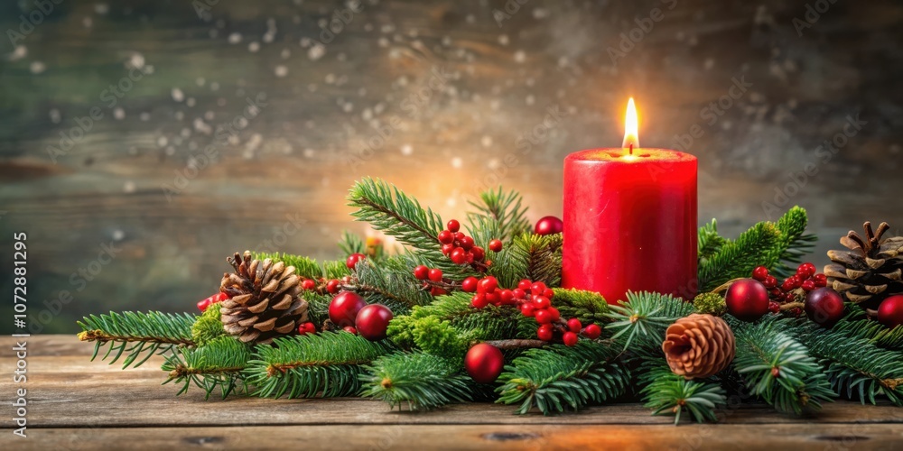 A glowing red candle surrounded by pine branches, pine cones, and festive red ornaments creates a cozy and festive Christmas centerpiece A glowing red candle surrounded by pine branches, pine cones, and festive red ornaments creates a cozy and festive Christmas centerpiece