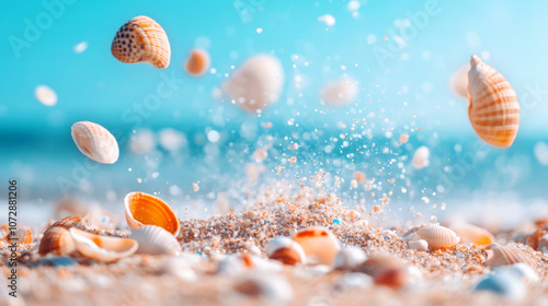 Seashells scattered on sandy beach with splashes of water create serene coastal scene. vibrant colors and textures evoke sense of tranquility and connection to nature
