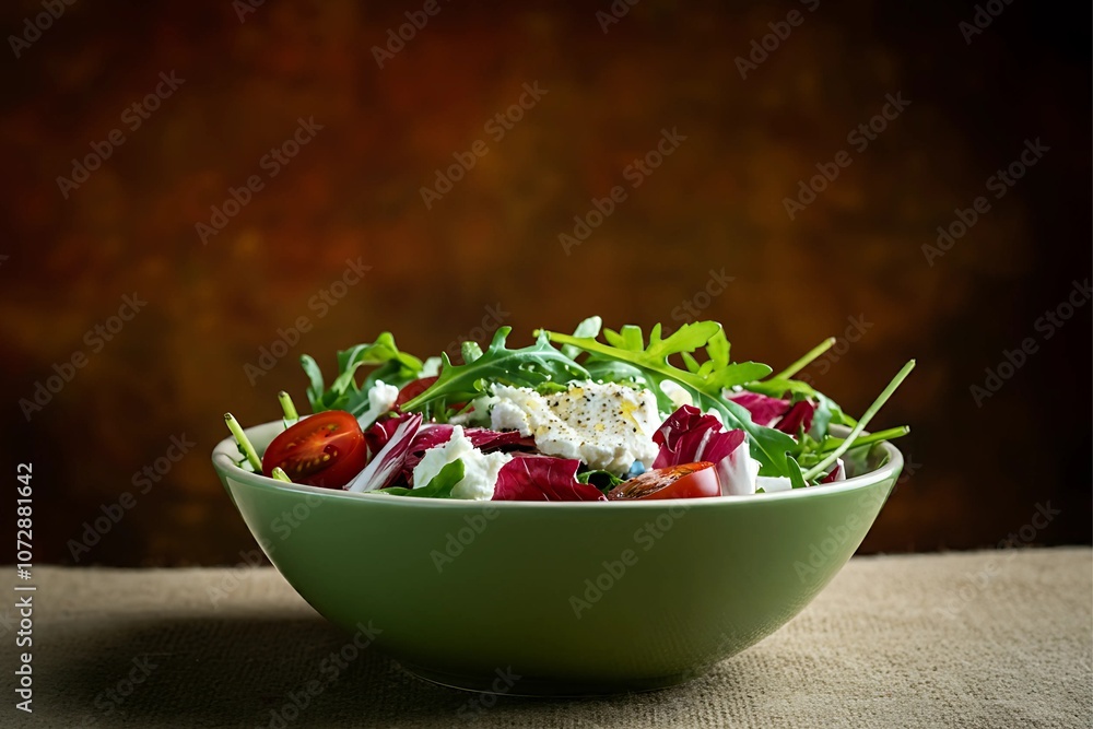 Aromatic Salad Bowl: A vibrant salad, bursting with fresh arugula, cherry tomatoes, and creamy goat cheese, sits invitingly in a green bowl, promising a delightful culinary experience. Aromatic Salad Bowl: A vibrant salad, bursting with fresh arugula, cherry tomatoes, and creamy goat cheese, sits invitingly in a green bowl, promising a delightful culinary experience.