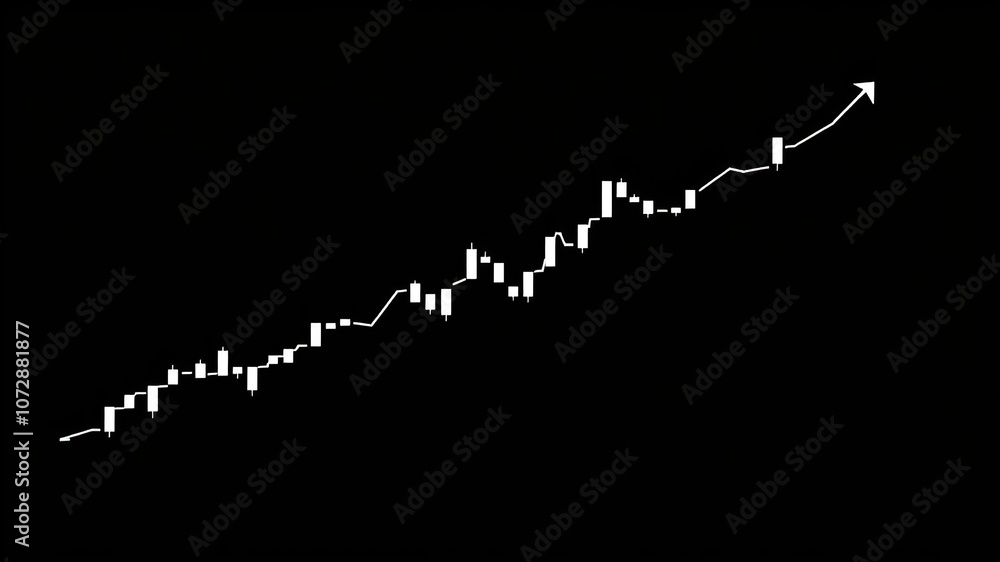 Minimalist finance chart featuring uptrend line and white candlesticks on black background, stock prices, risk management strategies Minimalist finance chart featuring uptrend line and white candlesticks on black background, stock prices, risk management strategies