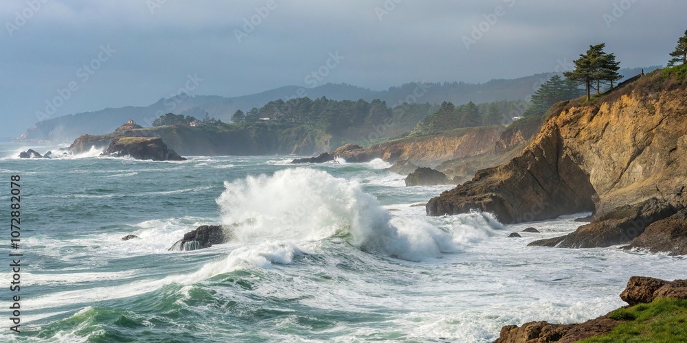 Obraz premium Ocean waves crashing against rocky coastline, rugged coastlines, rock formations