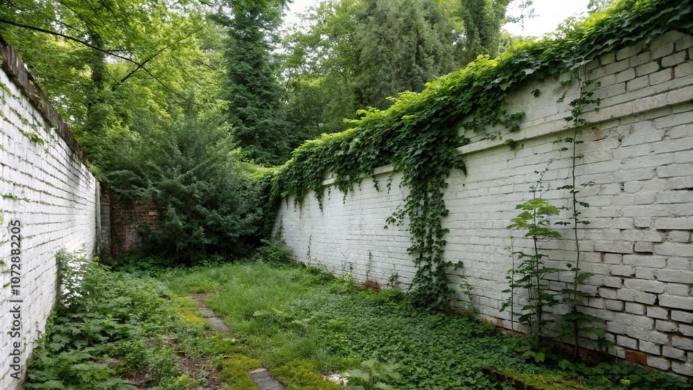 Overgrown white brick wall with ivy and moss, vegetation, stone, wild, outdoor, lush Overgrown white brick wall with ivy and moss, vegetation, stone, wild, outdoor, lush