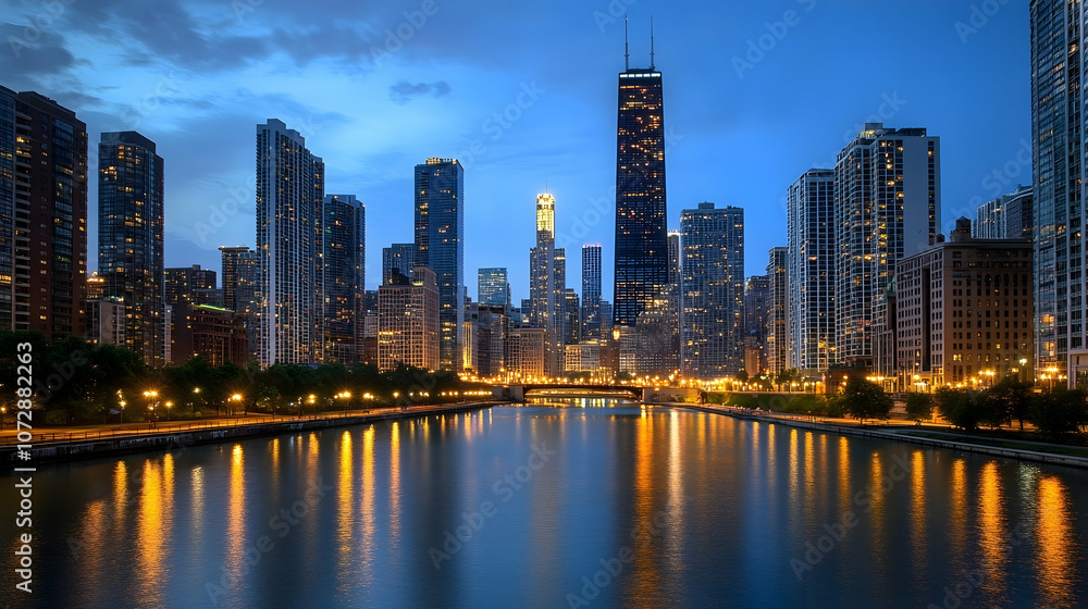 Obraz premium A stunning view of the Chicago skyline at dusk, with the river reflecting the city lights.