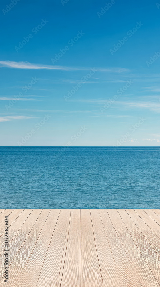 Serene waterfront view with clear blue sky and calm ocean on a sunny day Serene waterfront view with clear blue sky and calm ocean on a sunny day
