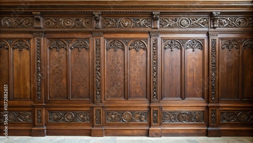 Rich dark wood panel background with intricate carvings, dark wood, paneling