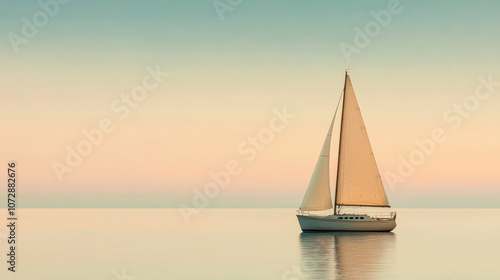 A serene sailboat gliding across calm waters during a pastel sunset on a quiet evening
