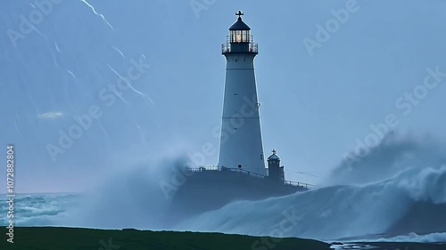 Lighthouse enduring stormy sea with lightning
