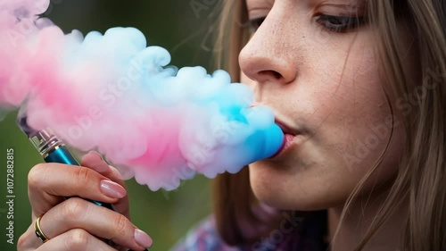 Close-up shot of a young woman holding a vape pen, as she blows out a soft pink and blue smoke cloud that floats around her face, creating a surreal, ethereal atmosphere.