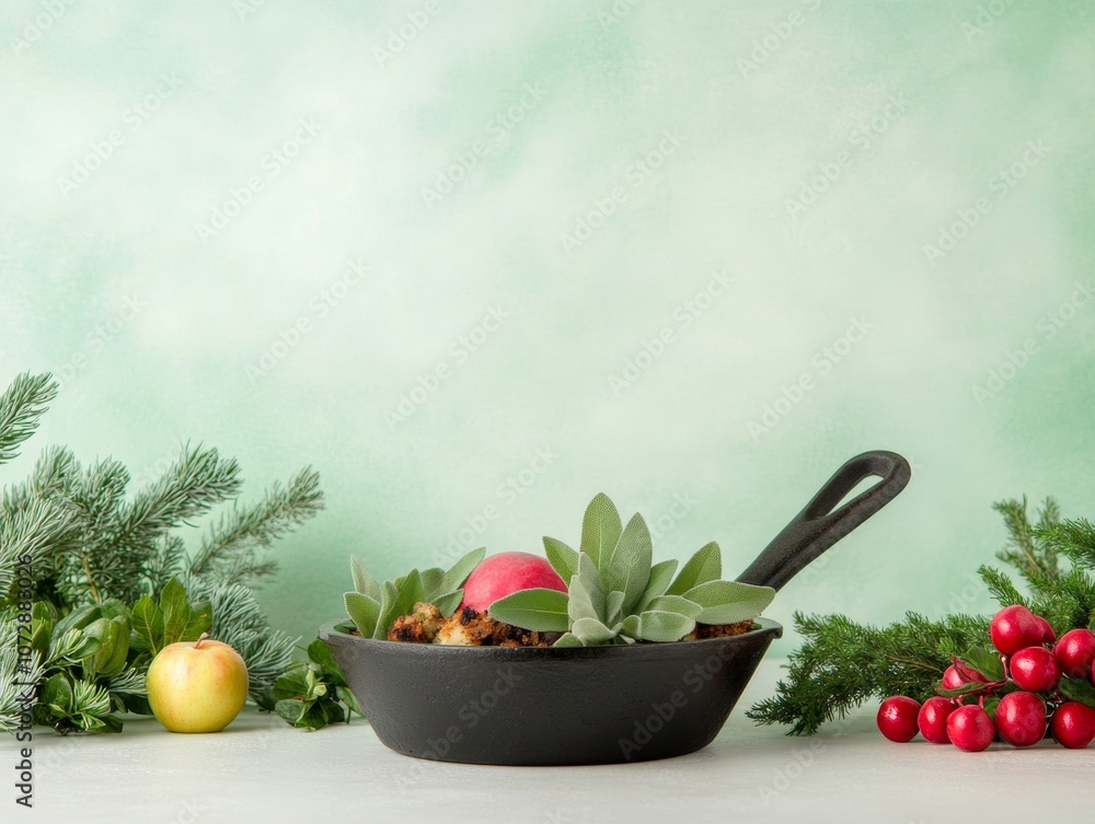 Rustic Fall Stuffing in Cast-Iron Skillet National Stuffing Day, Thanksgiving, Christmas Holiday Decor